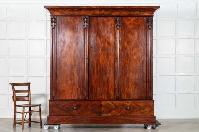 Large 19thC English Carved Mahogany Linen Press