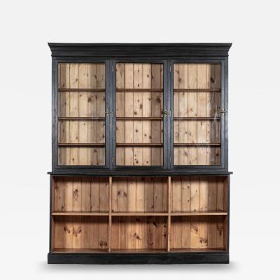 Large 19thC English Ebonised Fruitwood Pine Glazed Bookcase Dresser