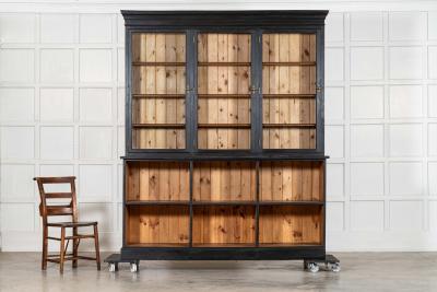 Large 19thC English Ebonised Fruitwood Pine Glazed Bookcase Dresser