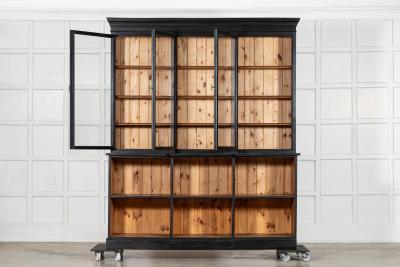 Large 19thC English Ebonised Fruitwood Pine Glazed Bookcase Dresser