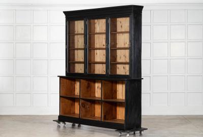 Large 19thC English Ebonised Fruitwood Pine Glazed Bookcase Dresser