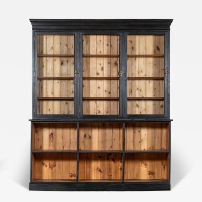 Large 19thC English Ebonised Fruitwood Pine Glazed Bookcase Dresser