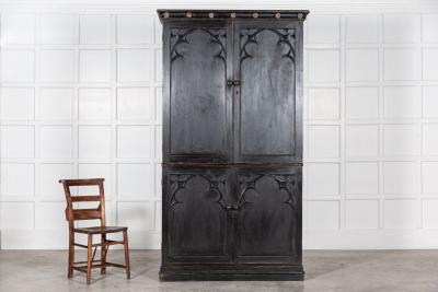 Large 19thC English Ebonised Gothic Pine Linen Press