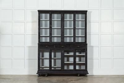 Large 19thC English Ebonised Pine Glazed Dresser Bookcase