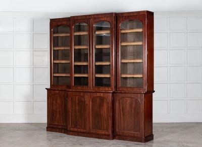 Large 19thC English Mahogany Glazed Breakfront Bookcase