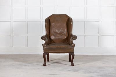 Large 19thC English Olive Leather Mahogany Wingback Armchair