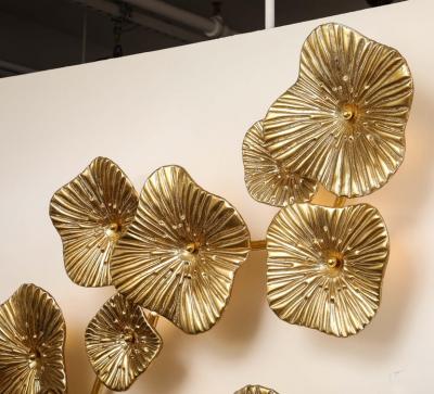 Large 24k Gold Leaf Murano Flower Glass and Brass Sconce or Chandelier Italy