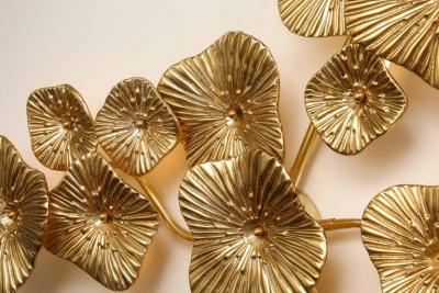 Large 24k Gold Leaf Murano Flower Glass and Brass Sconce or Chandelier Italy