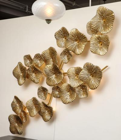 Large 24k Gold Leaf Murano Flower Glass and Brass Sconce or Chandelier Italy
