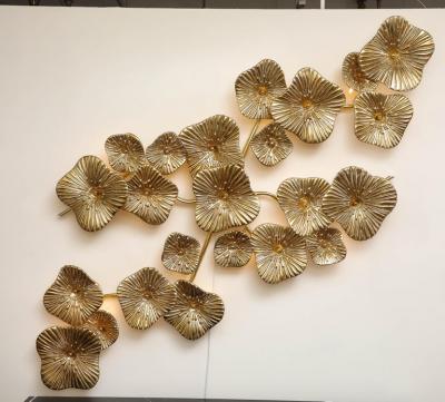 Large 24k Gold Leaf Murano Flower Glass and Brass Sconce or Chandelier Italy