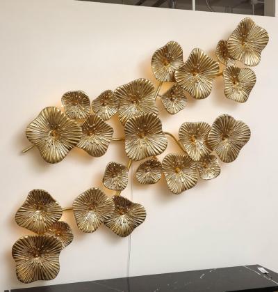 Large 24k Gold Leaf Murano Flower Glass and Brass Sconce or Chandelier Italy