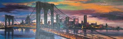 Large 49 Mid Century Modern Cityscape Modern Bridge Sunset Dusk Painting Framed