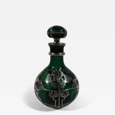 Large American Art Nouveau Green Glass Silver Overlay Perfume