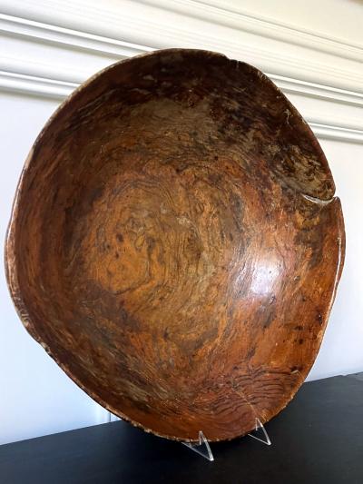 Large Antique Americana Carved Elm Burl Bowl with Handles