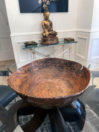 Large Antique Americana Carved Elm Burl Bowl with Handles