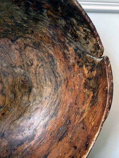 Large Antique Americana Carved Elm Burl Bowl with Handles
