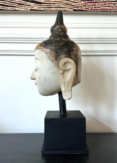 Large Antique Burmese Carved Marble Buddha Head on Display Stand