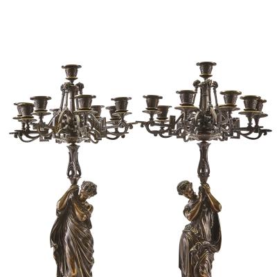 Large Antique French Patinated Bronze Gilt Seven Light Candelabras After Moreau