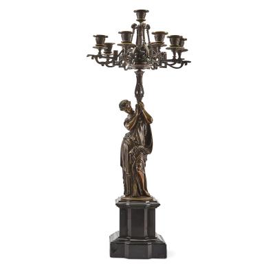 Large Antique French Patinated Bronze Gilt Seven Light Candelabras After Moreau