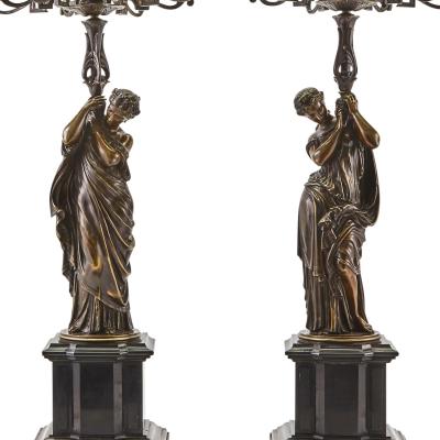 Large Antique French Patinated Bronze Gilt Seven Light Candelabras After Moreau