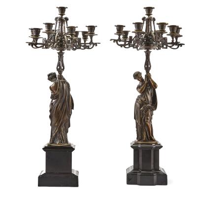 Large Antique French Patinated Bronze Gilt Seven Light Candelabras After Moreau