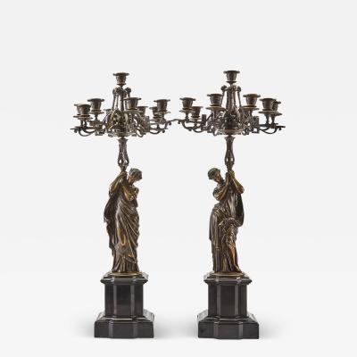 Large Antique French Patinated Bronze Gilt Seven Light Candelabras After Moreau