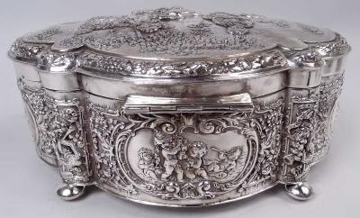 Large Antique German Rococo Classical Sterling Silver Box