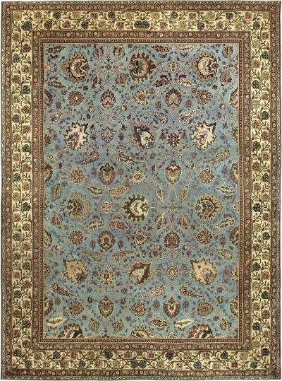 Large Antique Indian Amritsar Light Blue and Beige Handwoven Wool Rug