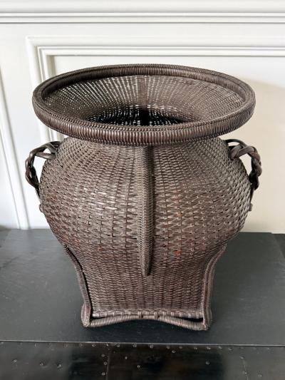 Large Antique Japanese Bamboo Flower Basket Hahakago in Chinese Taste