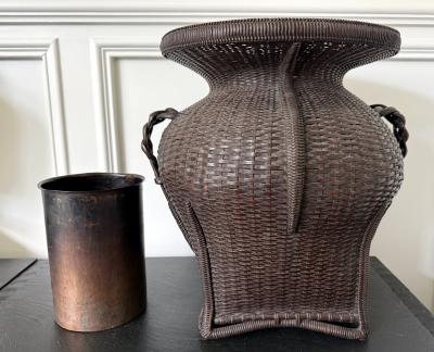 Large Antique Japanese Bamboo Flower Basket Hahakago in Chinese Taste