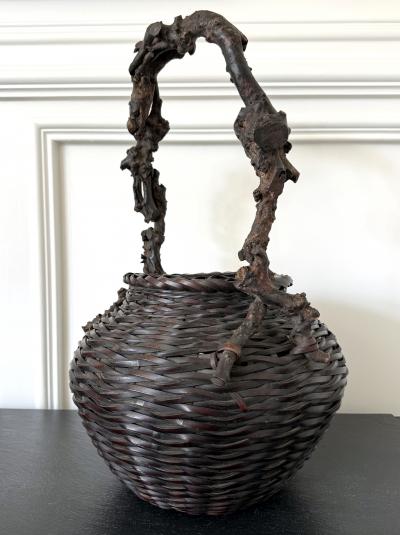 Large Antique Japanese Smoke Bamboo Basket Wisteria Root Handle Meiji Period