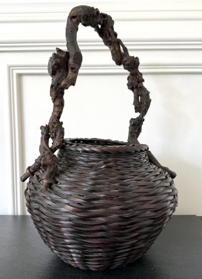Large Antique Japanese Smoke Bamboo Basket Wisteria Root Handle Meiji Period
