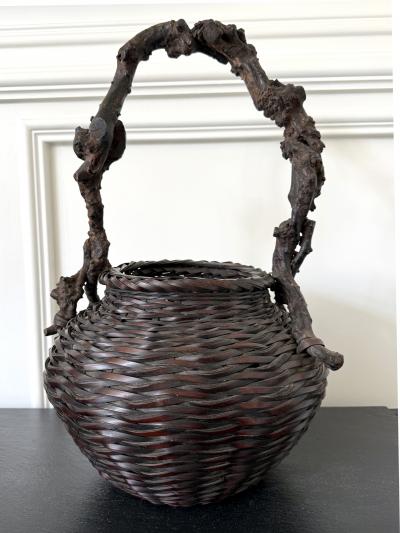 Large Antique Japanese Smoke Bamboo Basket Wisteria Root Handle Meiji Period