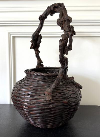 Large Antique Japanese Smoke Bamboo Basket Wisteria Root Handle Meiji Period