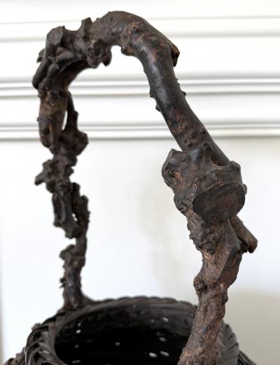 Large Antique Japanese Smoke Bamboo Basket Wisteria Root Handle Meiji Period
