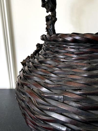 Large Antique Japanese Smoke Bamboo Basket Wisteria Root Handle Meiji Period