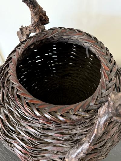 Large Antique Japanese Smoke Bamboo Basket Wisteria Root Handle Meiji Period