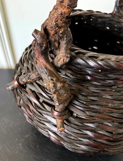 Large Antique Japanese Smoke Bamboo Basket Wisteria Root Handle Meiji Period