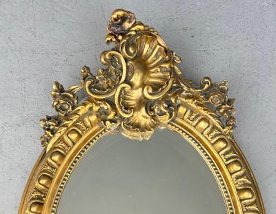 Large Antique Louis XV Oval Giltwood Carved Beveled Mirror