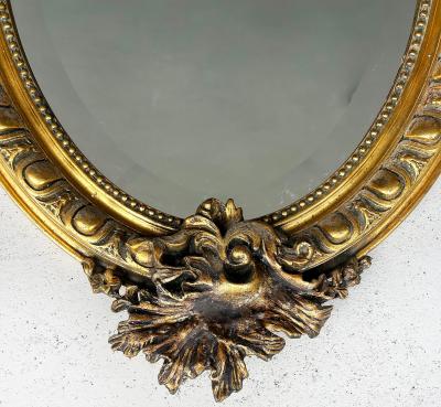 Large Antique Louis XV Oval Giltwood Carved Beveled Mirror