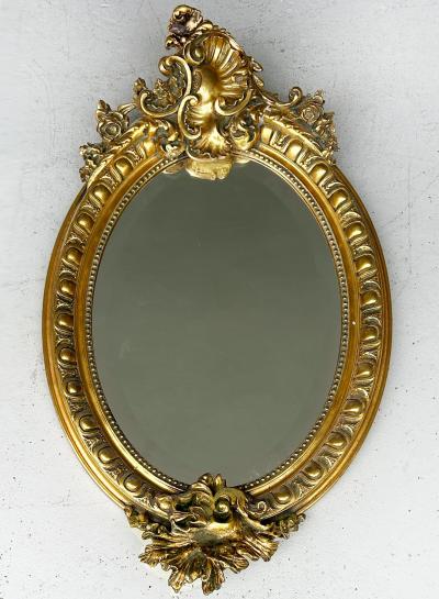 Large Antique Louis XV Oval Giltwood Carved Beveled Mirror