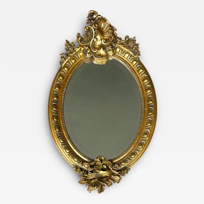 Large Antique Louis XV Oval Giltwood Carved Beveled Mirror