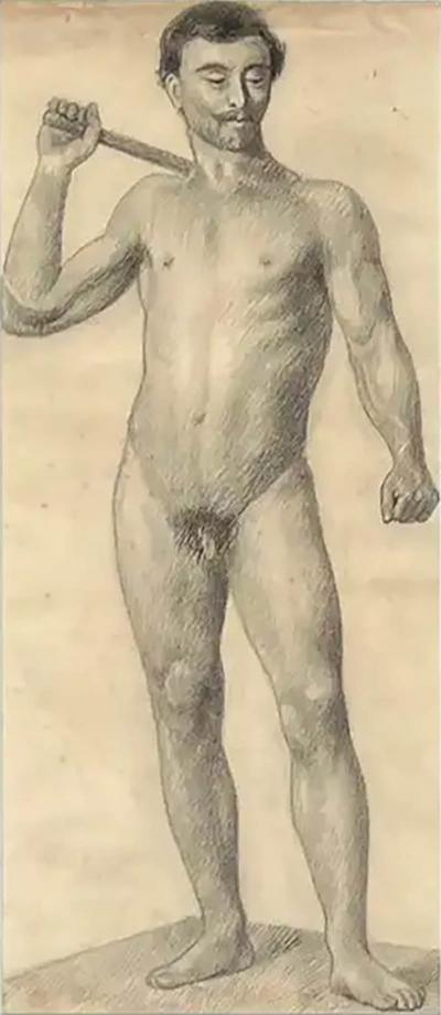 Large Antique Male Nude Art Study Drawing From Paris Framed in Italy