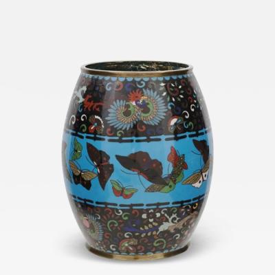 Large Antique Meiji Japanese Cloisonne Enamel Barrel Vase with Butterflies