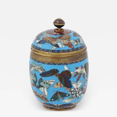 Large Antique Meiji Japanese Cloisonne Enamel Covered Jar with Butterflies Goto