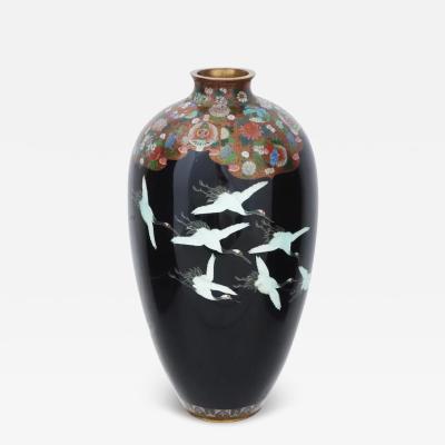 Large Antique Meiji Japanese Cloisonne Enamel Flying Cranes Vase