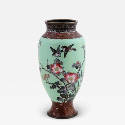 Large Antique Meiji Japanese Cloisonne Enamel Green Vase Flowers and Birds