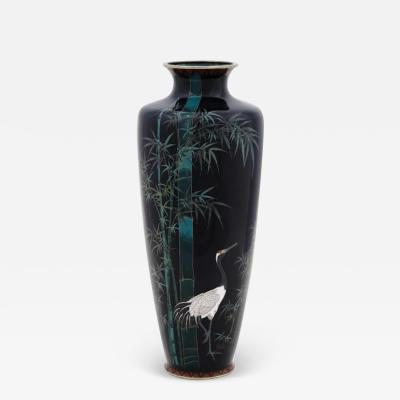 Large Antique Meiji Japanese Cloisonne Enamel Vase Crane in Bamboo Field