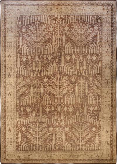 Large Antique Turkish Oushak Floral Brown and Sand Handwoven Wool Rug