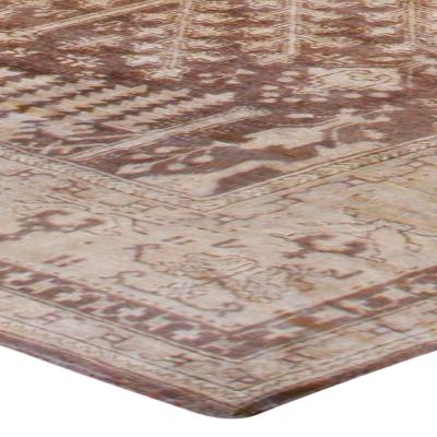 Large Antique Turkish Oushak Floral Brown and Sand Handwoven Wool Rug
